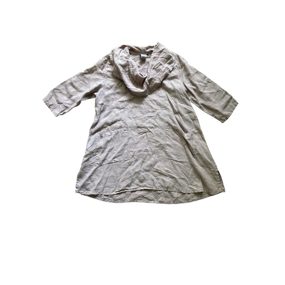 Match Point Tunic Dress Medium Beige 100% LINEN Cowl Neck Lagenlook Pocket Beach